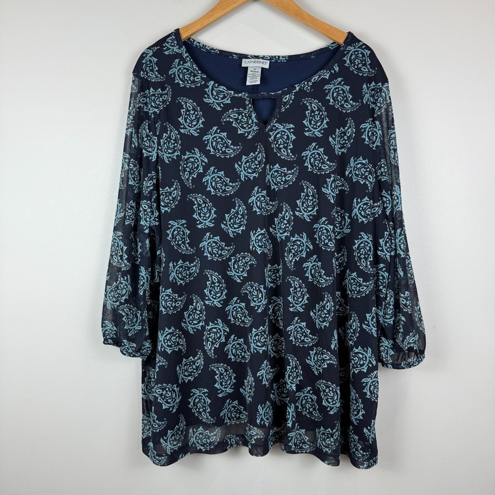 Catherines Top‎ Women's 1X 18/20W Plus Navy Blue Paisley 3/4 Sleeve Cottage Core